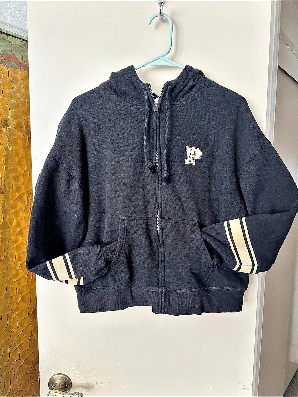 Victoria'Small Secret PINK Striped Sleeve Zip Hoodie Size Small
